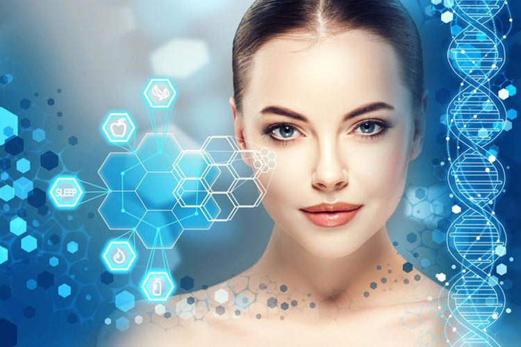close up of lady surrounded by a blue scientific background