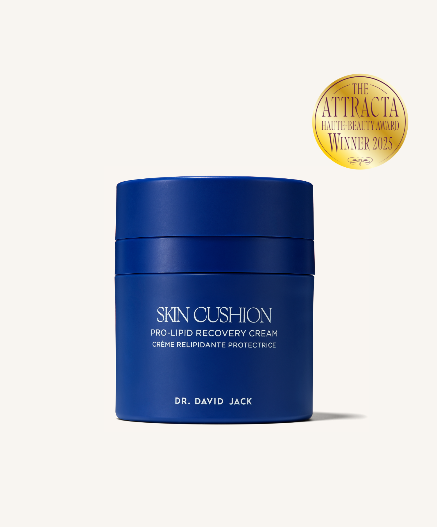 Skin Cushion Pro-Lipid Recovery Cream by Dr. David Jack on a white background with an award badge.